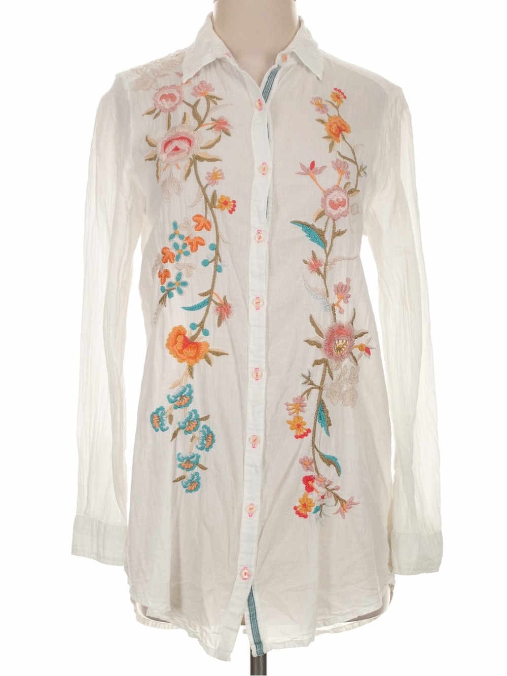 Johnny Was White Floral Embroidered Long Sleeve Button Up Tunic Shirt Top Sz S